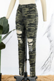 Sexy Street Print Camouflage Print Ripped Patchwork Skinny High Waist Pencil Full Print Bottoms