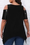Casual Solid Hollowed Out Patchwork O Neck Plus Size Tops