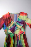 Casual Elegant Print Patchwork Flounce Fold V Neck A Line Dresses(Without Belt)