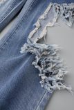 Street Solid Tassel Ripped Make Old Patchwork High Waist Denim Jeans