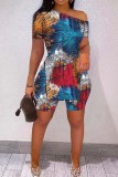 Casual Print Slit Oblique Collar Short Sleeve Two Pieces