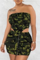 Sexy Casual Camouflage Print Backless Zipper Strapless Sleeveless Two Pieces