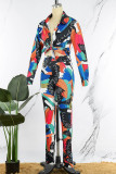Casual Print Bandage Patchwork Turndown Collar Long Sleeve Two Pieces