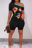 Casual Print Slit Oblique Collar Short Sleeve Two Pieces