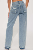 Street Solid Ripped Make Old Patchwork High Waist Denim Jeans