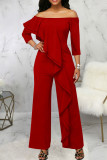 Casual Solid Patchwork Flounce Off the Shoulder Straight Jumpsuits