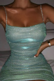Sexy Solid Fold Rhinestone Square Collar A Line Dresses