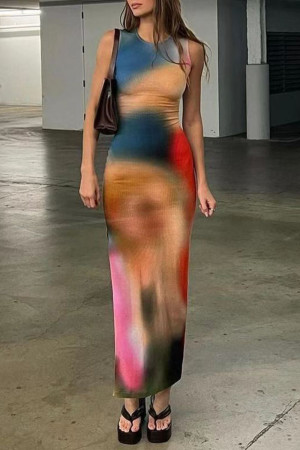 Celebrities Elegant Print Tie-dye O Neck Sheath Dresses