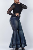 Street Solid Patchwork Plus Size Jeans