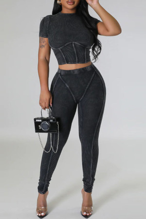 Sportswear Solid Patchwork O Neck Short Sleeve Two Pieces