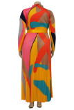 Casual Print Patchwork Fold Without Belt O Neck Long Sleeve Two Pieces(Without Belt)