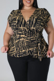 Casual Print Bandage Patchwork V Neck Plus Size Two Pieces