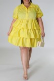 Casual Solid Patchwork Turndown Collar Cake Skirt Plus Size Dresses