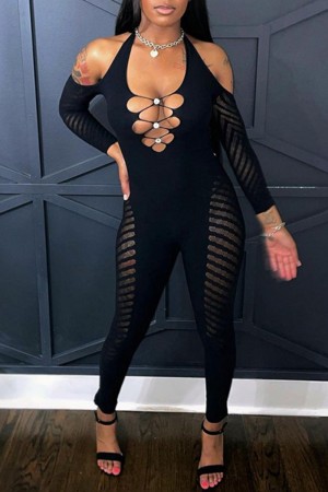 Sexy Solid Hollowed Out See-through Backless Halter Skinny Jumpsuits