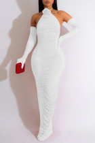 Sexy Solid Patchwork Fold Halter Pencil Skirt Dresses(Including The Sleeve)