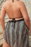 Sexy Print Hollowed Out Backless Halter Plus Size Swimsuit Three Piece Set (With Paddings)
