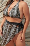 Sexy Print Hollowed Out Backless Halter Plus Size Swimsuit Three Piece Set (With Paddings)
