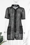 Sexy Solid Hollowed Out Patchwork Buckle Turndown Collar Straight Rompers