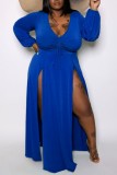 Casual Solid Slit V Neck Long Sleeve Plus Size Rompers