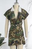 Sexy Casual Camouflage Print Patchwork Slit Turndown Collar Two Pieces