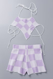Sexy Plaid Patchwork Backless Asymmetrical Contrast Spaghetti Strap Sleeveless Two Pieces