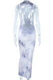Sexy Print Tie Dye Patchwork Backless Half A Turtleneck One Step Skirt Dresses