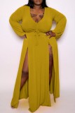 Casual Solid Slit V Neck Long Sleeve Plus Size Rompers