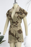 Sexy Casual Camouflage Print Patchwork Slit Turndown Collar Two Pieces
