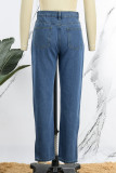 Casual Solid Slit High Waist Regular Denim Jeans