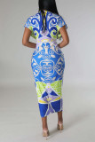 Sexy Print Patchwork Fold V Neck One Step Skirt Dresses