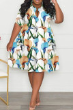Casual Print Patchwork Fold Turndown Collar A Line Plus Size Dresses
