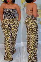 Sexy Print Leopard Patchwork Backless Strapless Straight Jumpsuits