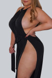 Sexy Casual Solid High Opening Halter Plus Size Jumpsuits(With Belt)