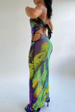 Sexy Print Bandage Patchwork See-through Backless Asymmetrical Strapless Sleeveless Two Pieces