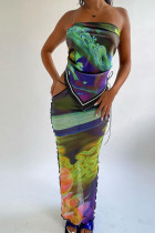 Sexy Print Bandage Patchwork See-through Backless Asymmetrical Strapless Sleeveless Two Pieces