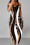 Sexy Print Leopard Patchwork Off the Shoulder Straight Dresses