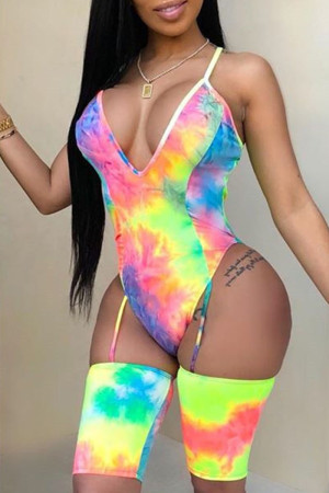Sexy Casual Tie Dye Patchwork V Neck Skinny Rompers