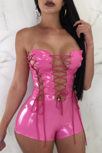Sexy Party Solid Cross Straps Reflective Strapless Skinny Jumpsuits