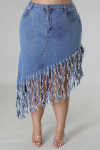 Casual Solid Tassel Patchwork Asymmetrical High Waist Straight Solid Color Plus Size Denim Shorts