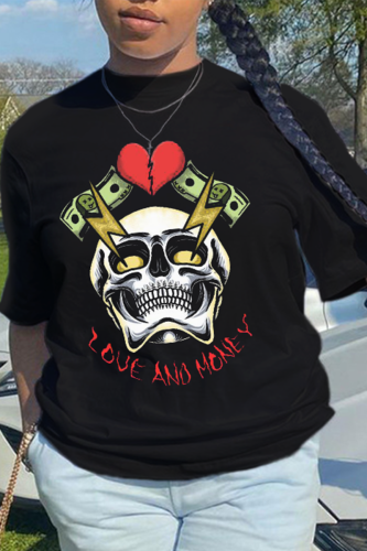 Casual Vintage Print Skull Patchwork O Neck T-Shirts