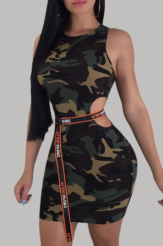 Sexy Casual Street Camouflage Print Cut Out O Neck One Step Skirt Dresses(Without Belt)
