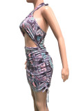 Sexy Street Print Strap Design Halter One Step Skirt Dresses