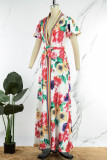 Casual Print Patchwork V Neck Long Dress Dresses