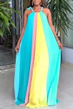 Sexy Casual Patchwork Bandage Backless Contrast Pleated O Neck Long Dress Dresses