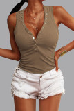 Casual Street Solid Buttons V Neck Tops