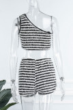 Sexy Striped Patchwork Oblique Collar Sleeveless Two Pieces