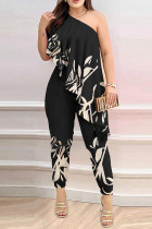 Sexy Print Patchwork Flounce Oblique Collar Skinny Jumpsuits