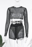 Sexy Solid Bandage Patchwork See-through Hot Drill Long Sleeve Two Pieces
