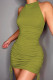 Sexy Solid Patchwork Draw String Fold O Neck Pencil Skirt Dresses