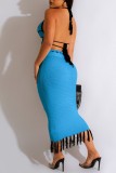 Sexy Solid Tassel Bandage Backless Halter Sleeveless Two Pieces